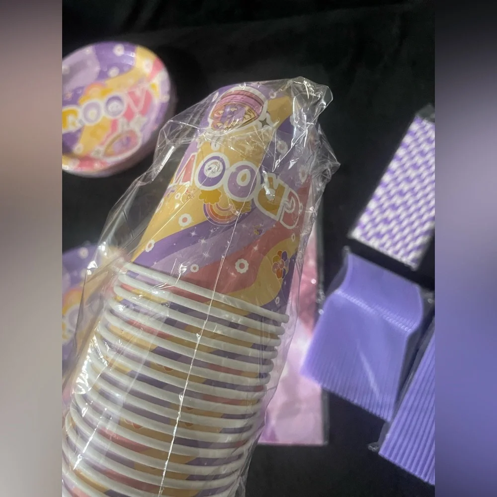 Groovy Purple Birthday Party Supplies Set Plates straw banner cups all in one 25